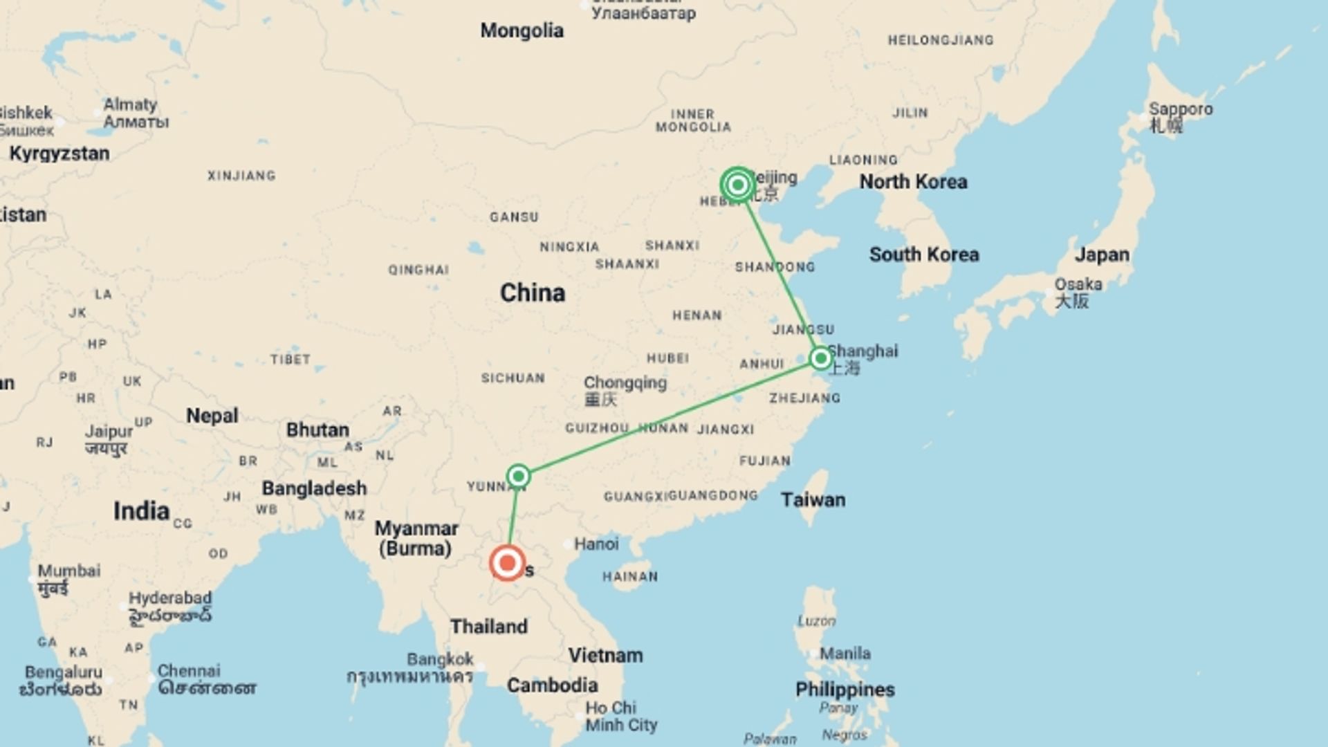 A map showing the tour itinerary for the trip: Spiritual China and Laos, starting in Beijing, China and ending in Luang Prabang, Laos going through 2 other destinations.