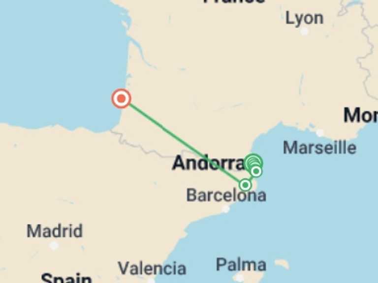 Map of a Winter adventure Tour with 7 destination visits for the trip: Footsteps of Dali