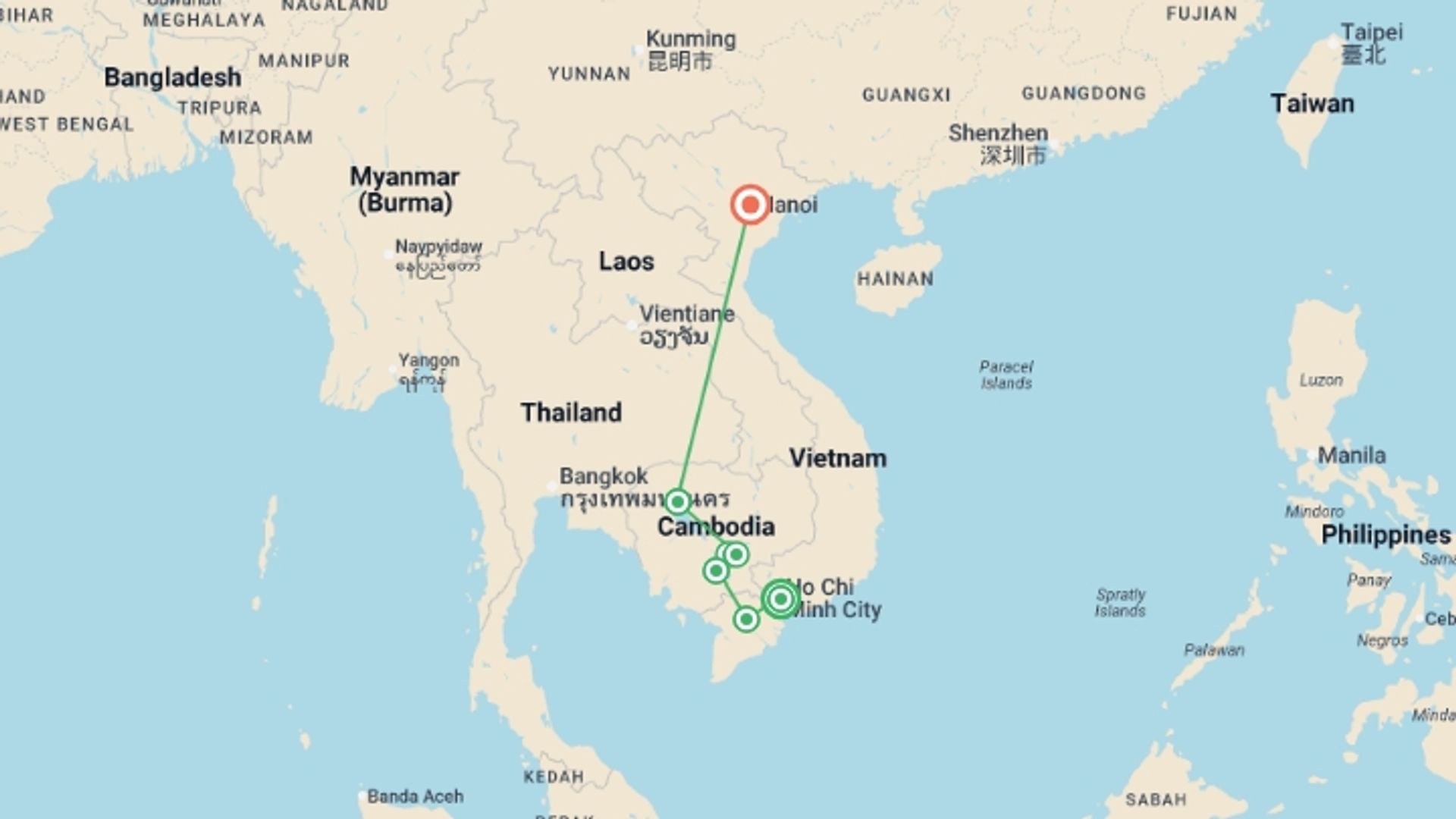 A map showing the tour itinerary for the trip: Timeless Wonders of Vietnam, Cambodia & the Mekong (2028), starting in Ho Chi Minh City, Vietnam and ending in Hanoi, Vietnam going through 4 other destinations.