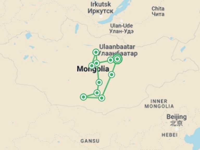 Map itinerary of Mongolia Tour in September 2026 with 9 destination visits for the trip: Mongolia Explorer