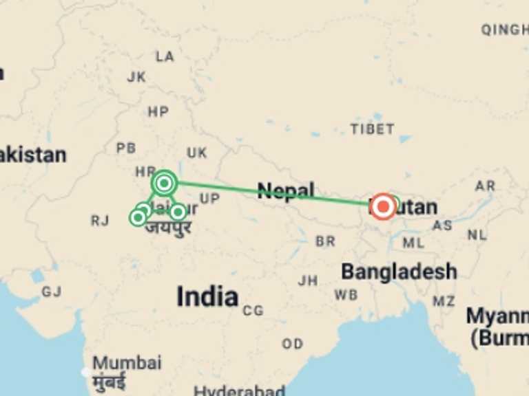 Map of Asia Tour with 8 destination visits for the trip: The Best of India & Bhutan