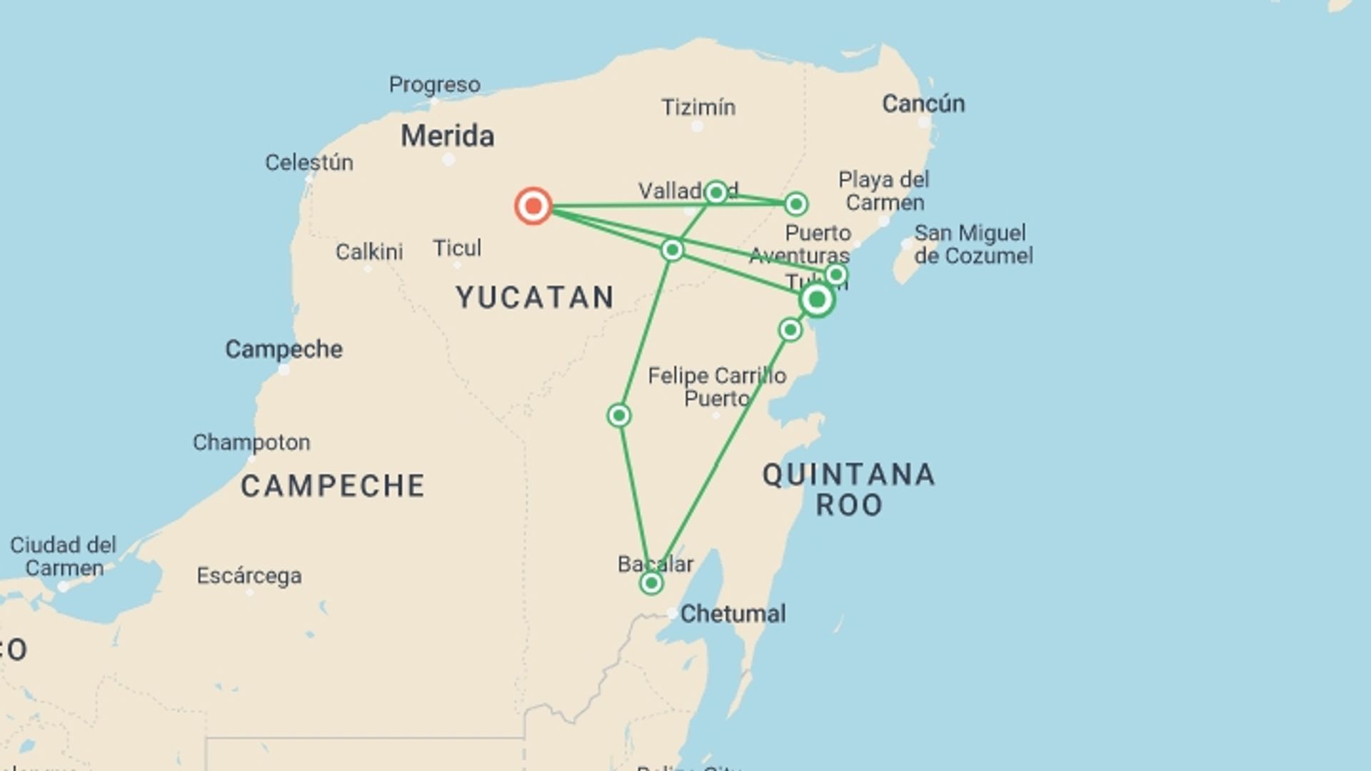 A map showing the tour itinerary for the trip: Yucatan Peninsula Mayan Heritage Tour, starting in Tulum, Mexico and ending in Yucatan, Mexico going through 7 other destinations.