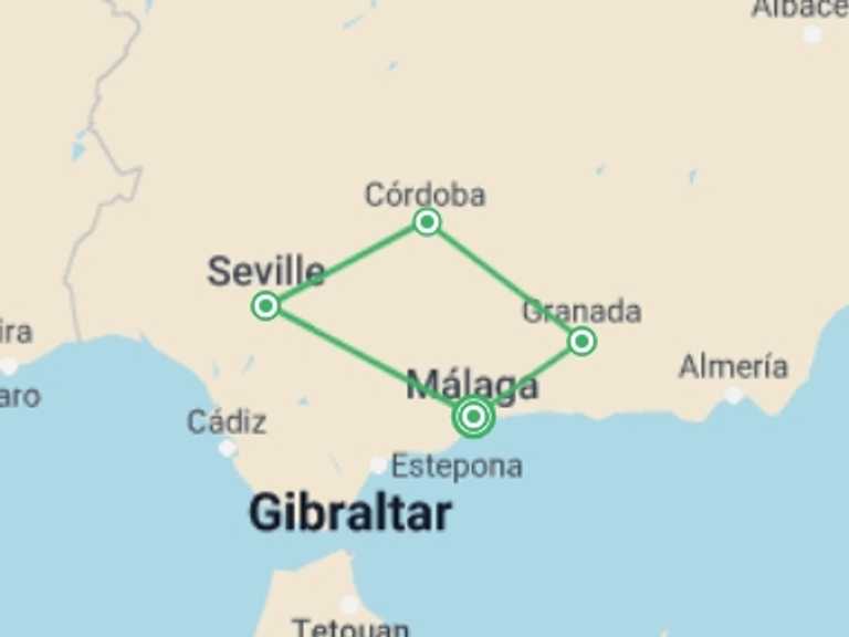 Map itinerary of Spain Tour in February 2026 with 4 destination visits for the trip: Heart Of Andalusia 8 Days, Self-drive