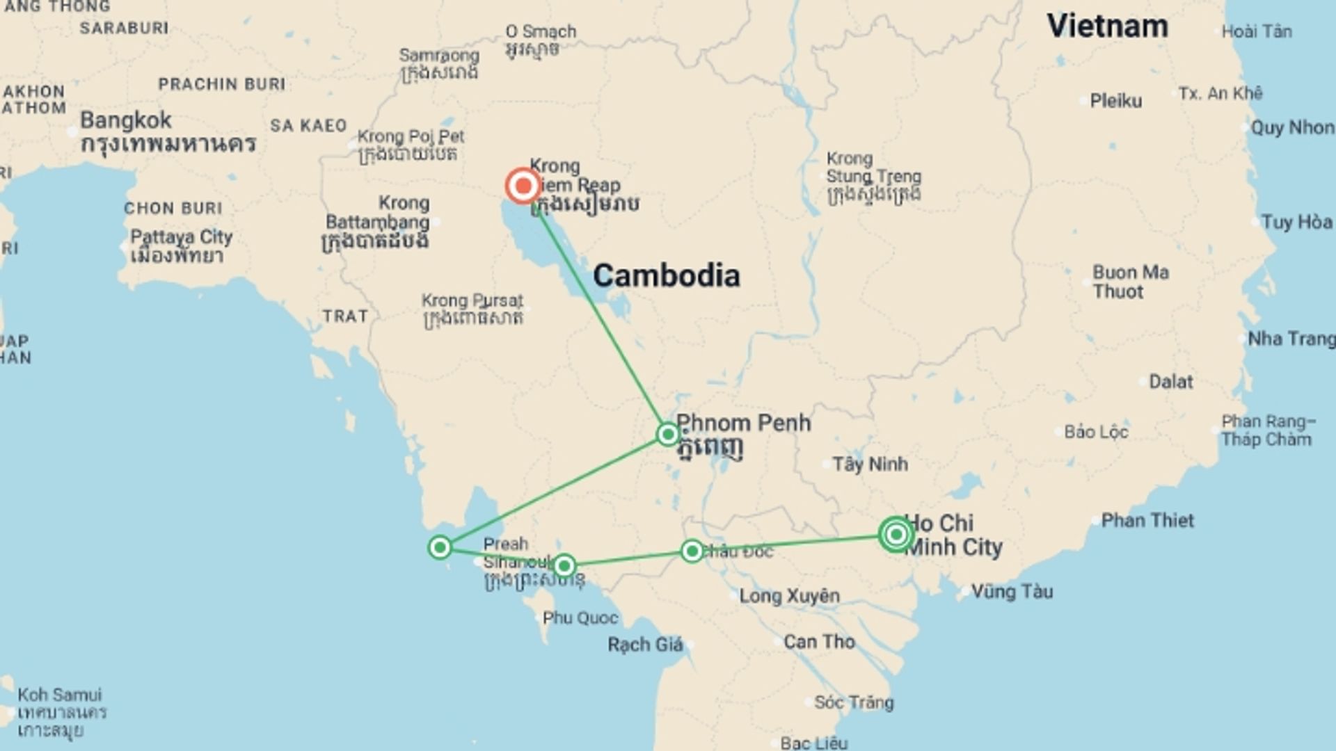 A map showing the tour itinerary for the trip: Vietnam to Cambodia: Ho Chi Minh City, Siem Reap & Beach Bars, starting in Ho Chi Minh City, Vietnam and ending in Siem Reap, Cambodia going through 4 other destinations.
