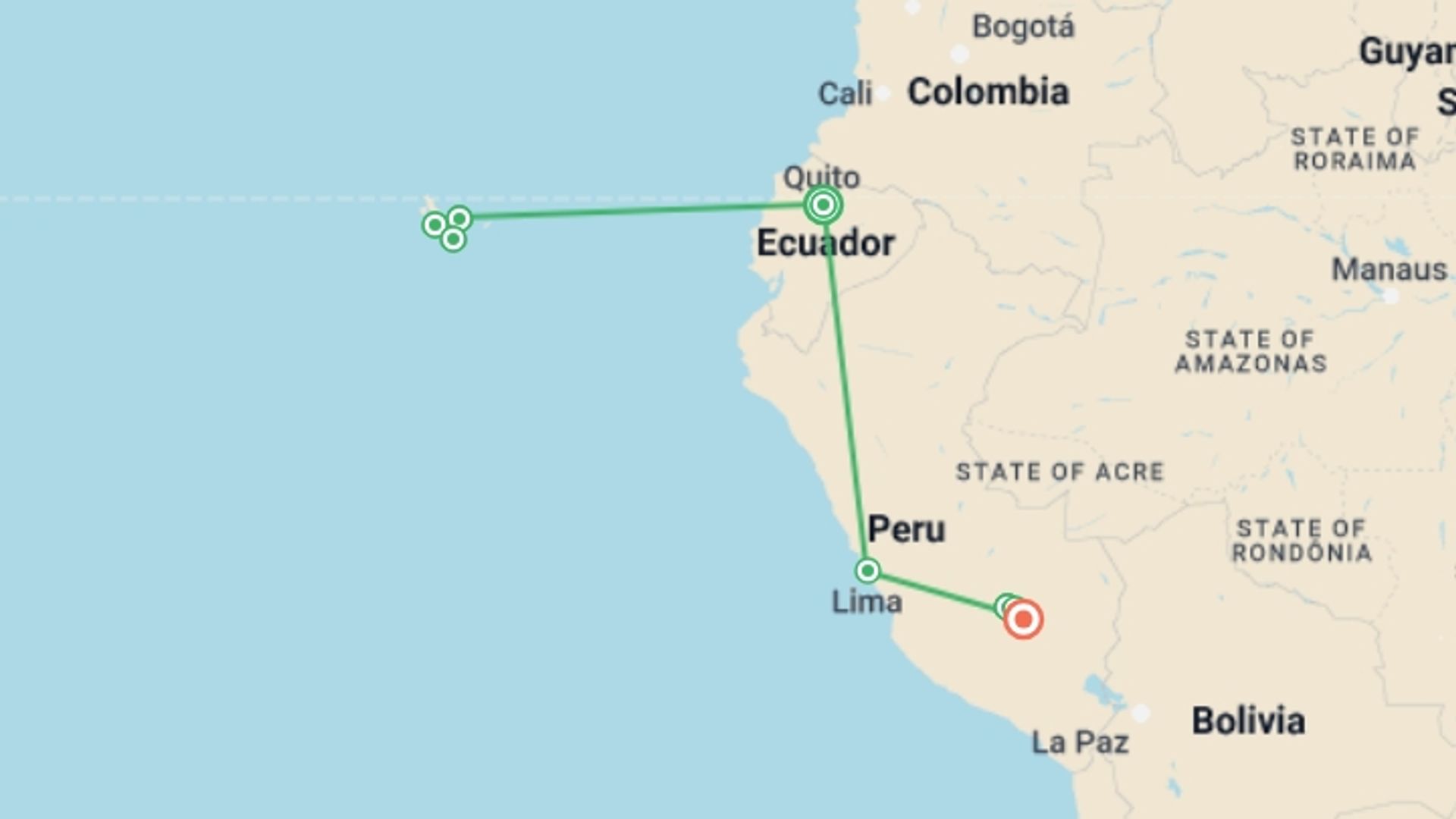 A map showing the tour itinerary for the trip: Active Galápagos & Machu Picchu, starting in Quito, Ecuador and ending in Cusco, Peru going through 6 other destinations.