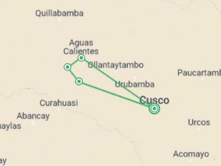 Map itinerary of Peru Tour in February 2027 with 4 destination visits for the trip: The Ultimate Trek to Machu Picchu: Salkantay Trek 5 Days