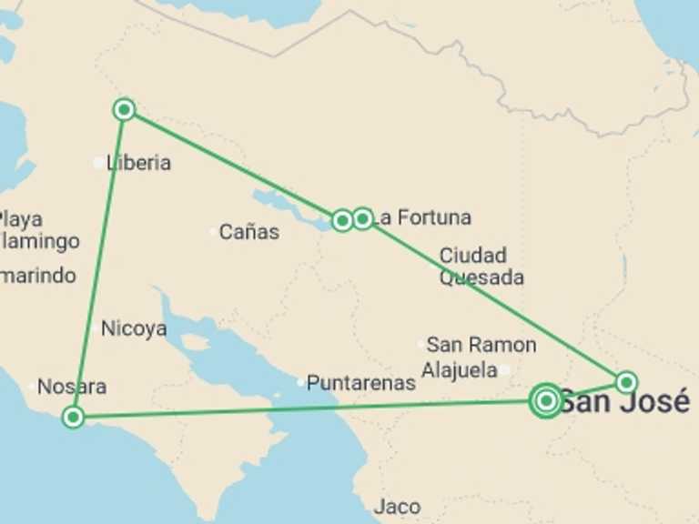 Map itinerary of South America Tour in Fall with 6 destination visits for the trip: Costa Rica Adventure & Beach - 11 Days