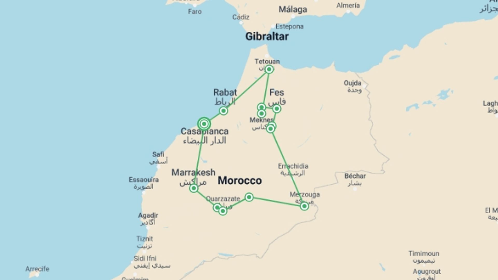A map showing the tour itinerary for the trip: 7 Days Exotic Morocco Tour From Casablanca to the Desert, starting in Casablanca, Morocco and ending in Casablanca, Morocco going through 9 other destinations.