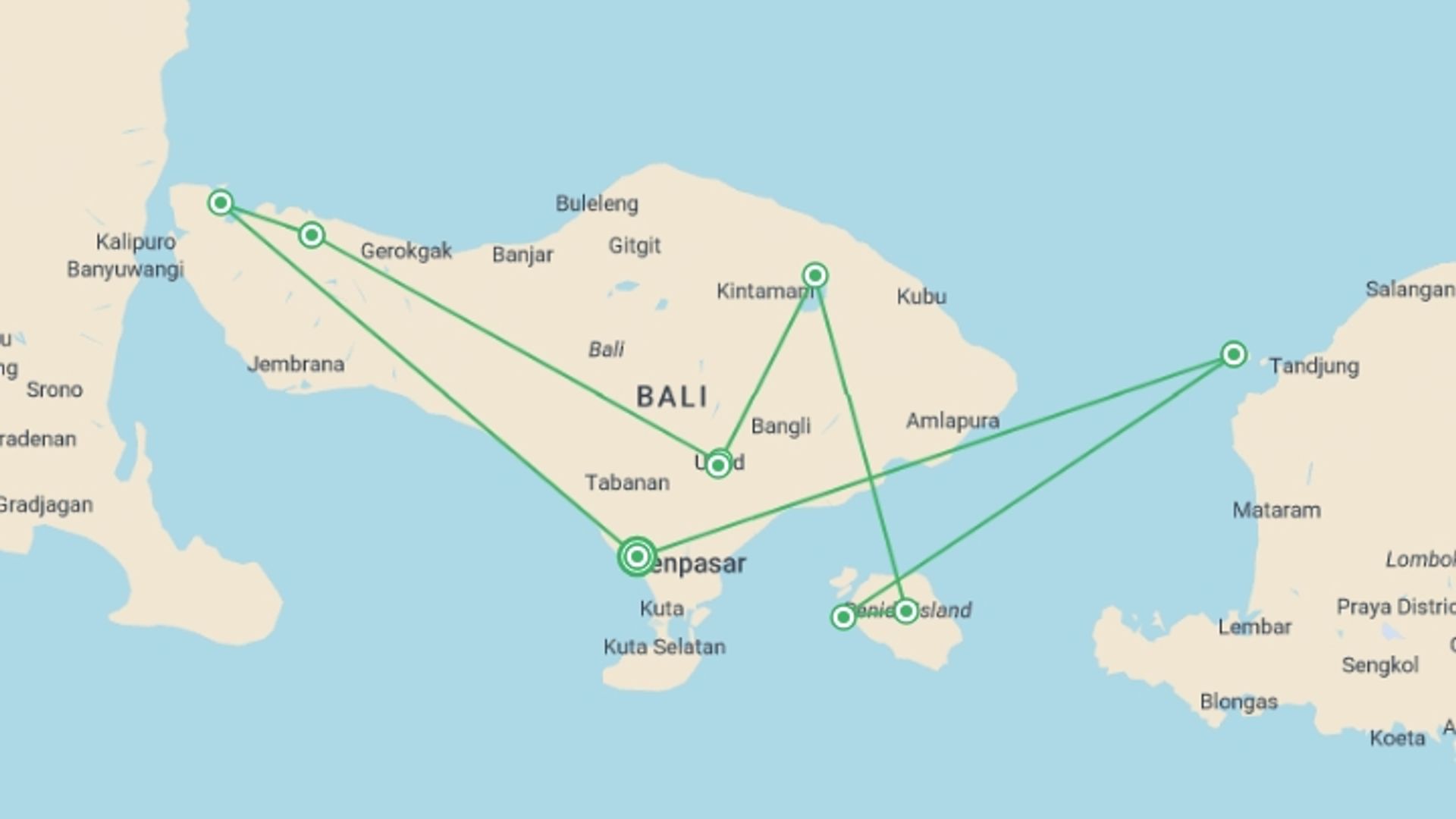 A map showing the tour itinerary for the trip: Bali Adventure - 12 days, starting in undefined, Indonesia and ending in undefined, Indonesia going through 2 other destinations.