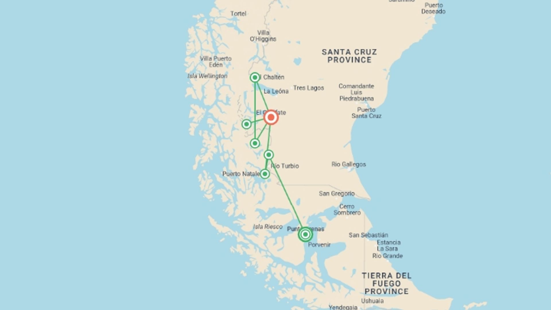 A map showing the tour itinerary for the trip: Torres del Paine to El Chalten and Fitz Roy Hiking Tour, starting in Punta Arenas, Chile and ending in El Calafate, Argentina going through 8 other destinations.
