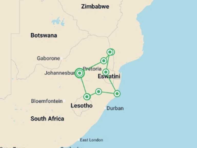 Map itinerary of Africa Tour in April 2027 with 9 destination visits for the trip: South Africa: Walking & Wildlife