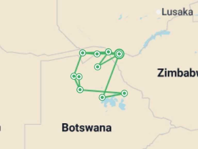 Map itinerary of Southern Africa Tour in Fall with 9 destination visits for the trip: Botswana Delta and Wildlife Explorer