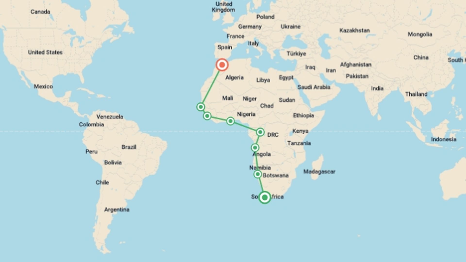 A map showing the tour itinerary for the trip: Cape Town to Fes (23 weeks) Trans Africa, starting in Cape Town, South Africa and ending in Fez, morocco going through 8 other destinations.