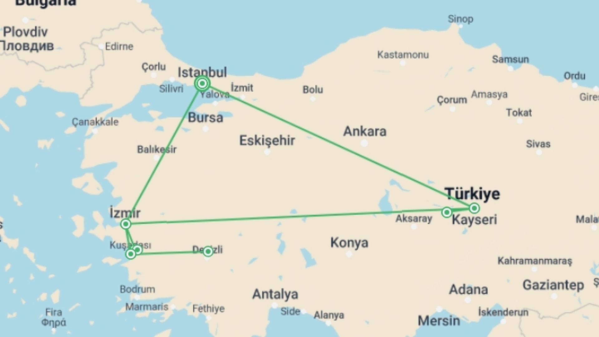 A map showing the tour itinerary for the trip: Wonderful Turkey With Cappadocia Tour, starting in Istanbul, Turkey and ending in Istanbul, Turkey going through 3 other destinations.