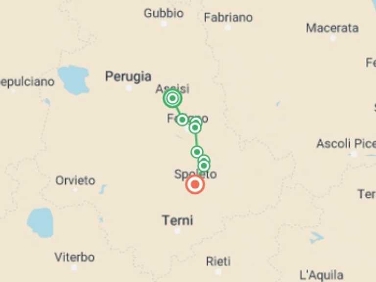 Map itinerary of Assisi Tour in Spring with 6 destination visits for the trip: St Francis Way: Assisi to Spoleto