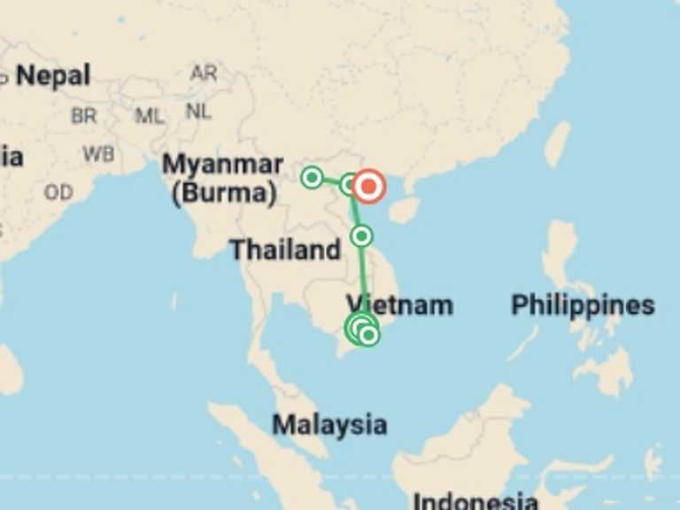 Map of Indochina Tour with 6 destination visits for the trip: Vietnam War Heritage Tour