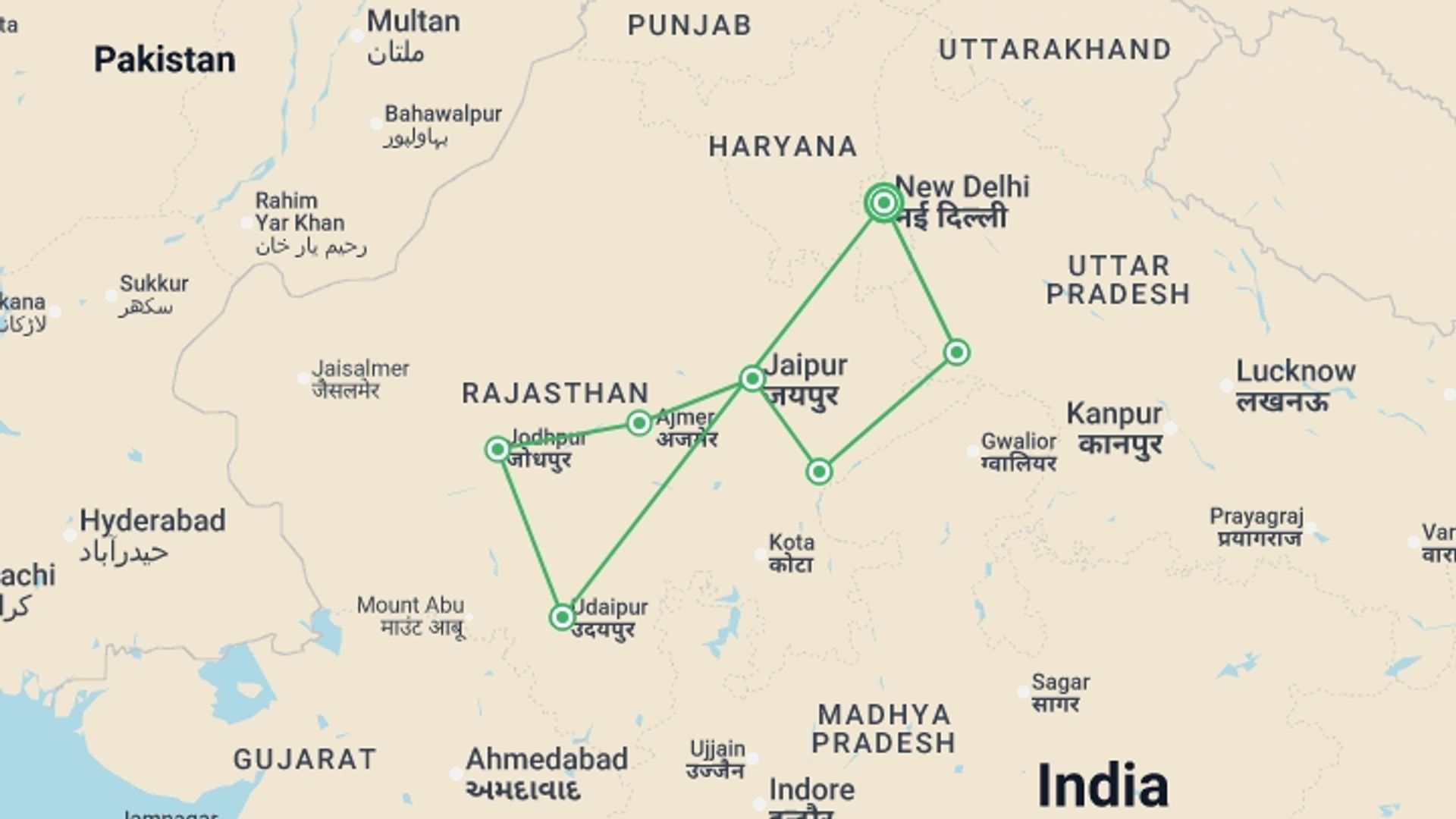 A map showing the tour itinerary for the trip: Road to Rajasthan - 13 days, starting in New Delhi, India and ending in New Delhi, India going through 6 other destinations.