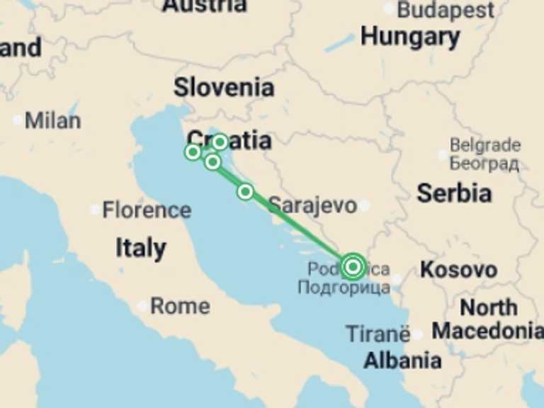 Map itinerary of Croatia Tour in August 2026 with 5 destination visits for the trip: Family Club - The Splendors of the Northern Adriatic Sea - Historic and Naturally Beautiful Ports of Call in Croatia and Montenegro (port-to-port cruise)