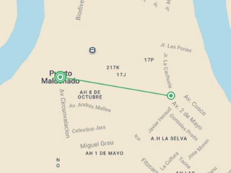 Map itinerary of Puerto Maldonado Tour in July 2026 with 3 destination visits for the trip: G Lodge Amazon - 5 Day Independent Adventure