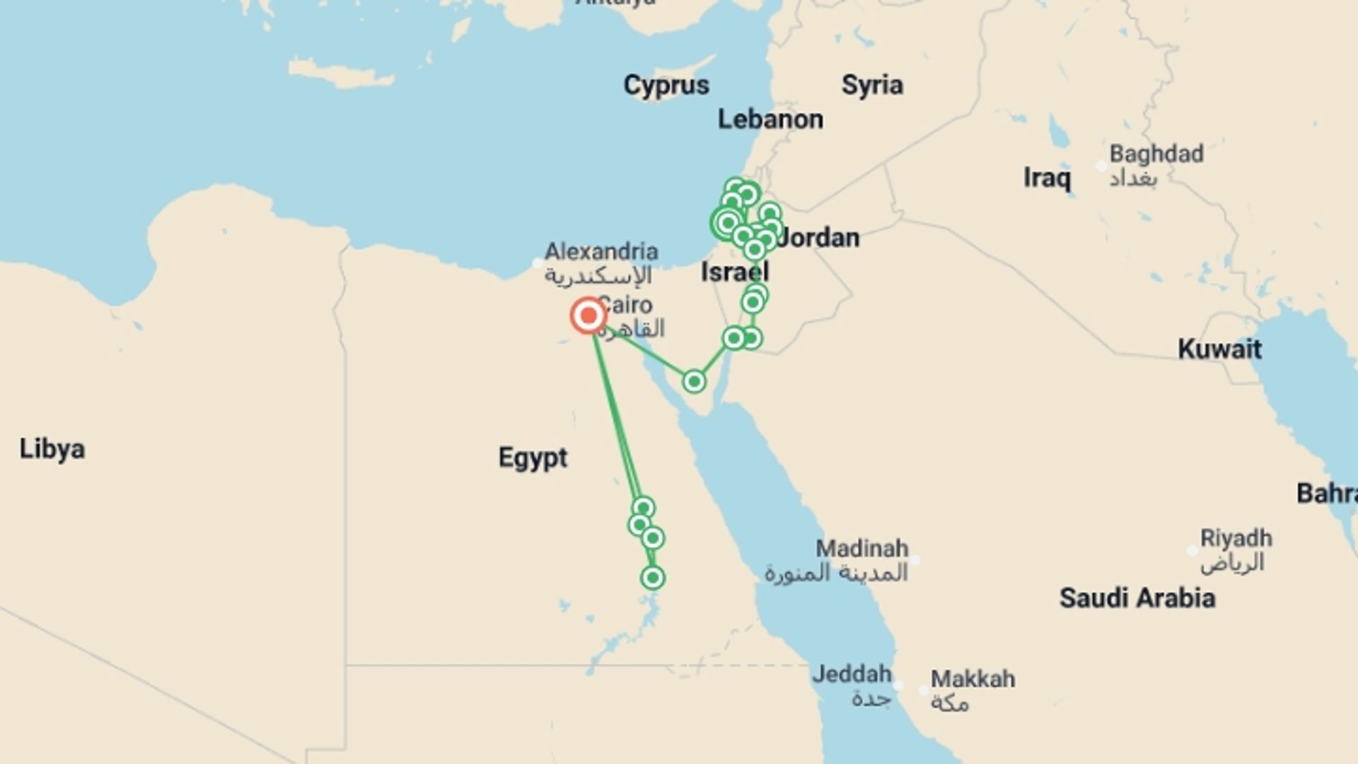 A map showing the tour itinerary for the trip: Legend of Israel, Jordan and Egypt, starting in Tel Aviv, Israel and ending in Cairo, Egypt going through 10 other destinations.