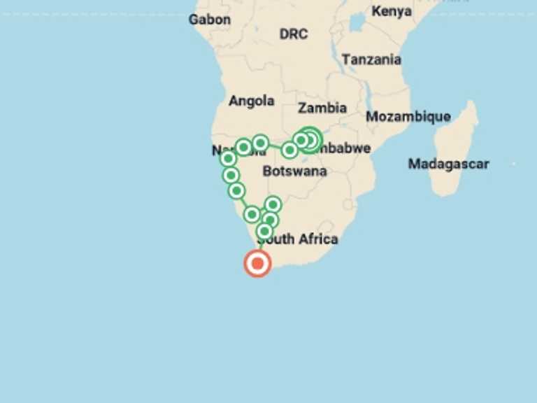 Map of Africa Wildlife safaris and game drives Tour with 13 destination visits for the trip: African Wildlife Explorer (VFA to CPT)