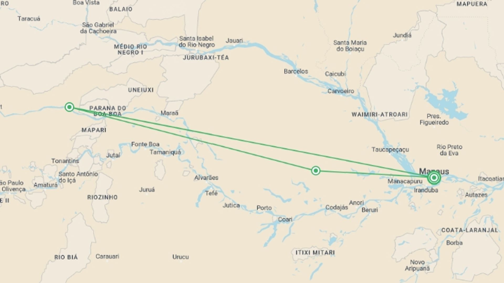 A map showing the tour itinerary for the trip:  Amazon Rainforest Sustainable Experience, starting in Manaus, Brazil and ending in Manaus, Brazil going through 3 other destinations.