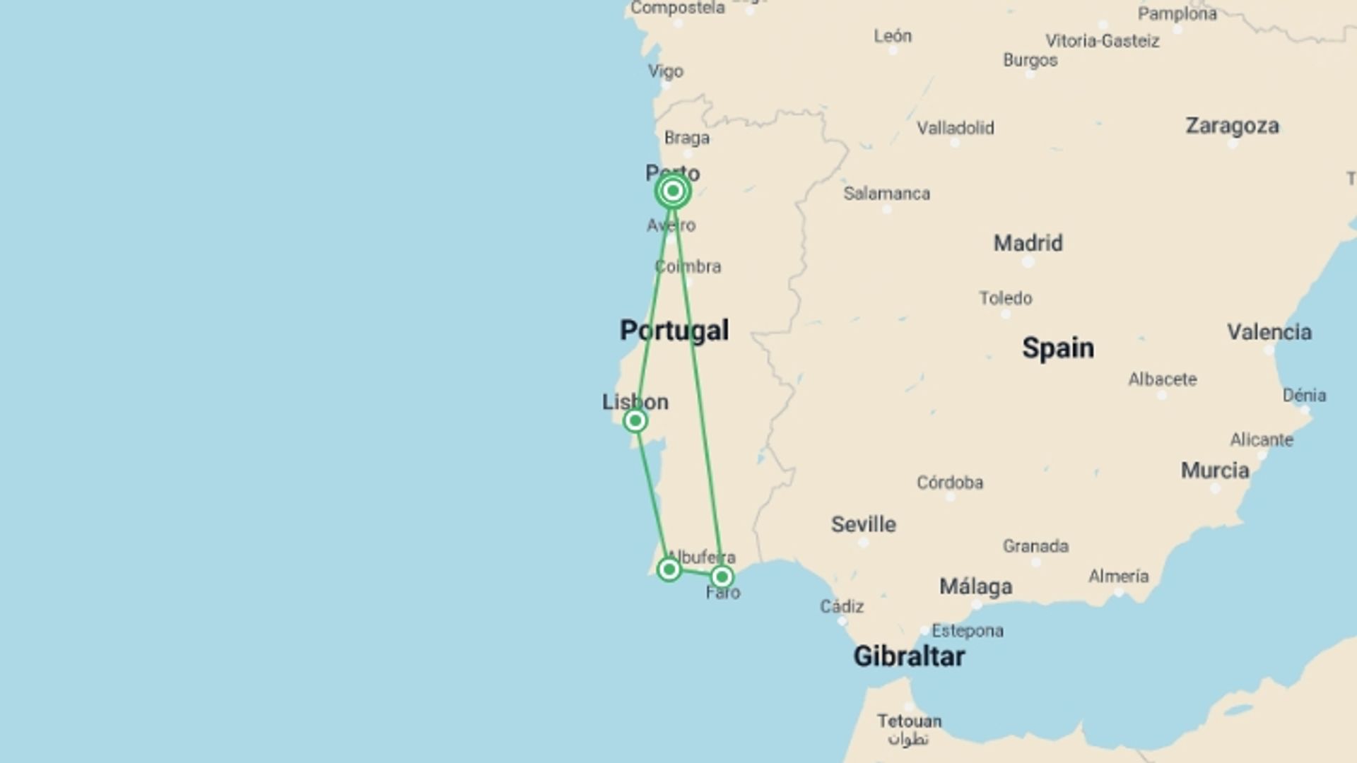 A map showing the tour itinerary for the trip: Portugal North And South, Self-drive, starting in Porto, Portugal and ending in Porto, Portugal going through 3 other destinations.