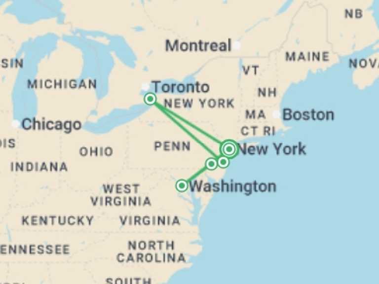 Map itinerary of Washington D.C. Tour in September 2025 with 4 destination visits for the trip: Niagara, Philly & Washington - 4 days