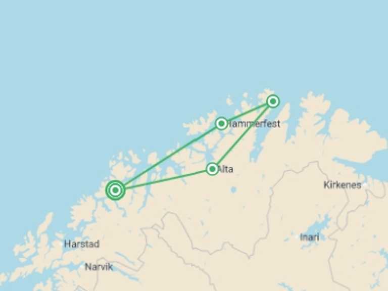 Map of Scandinavia Tour with 3 destination visits for the trip: Tromso to the North Cape Self Drive - 7 days