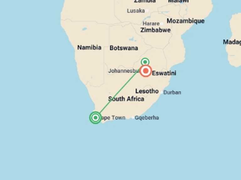 Map of South Africa Tour with 3 destination visits for the trip: Icons of Southern Africa