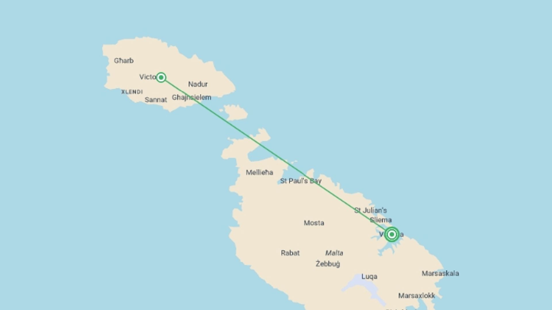 A map showing the tour itinerary for the trip: Scenic Islands of Malta, starting in Valletta, Malta and ending in Valletta, Malta going through 1 other destinations.