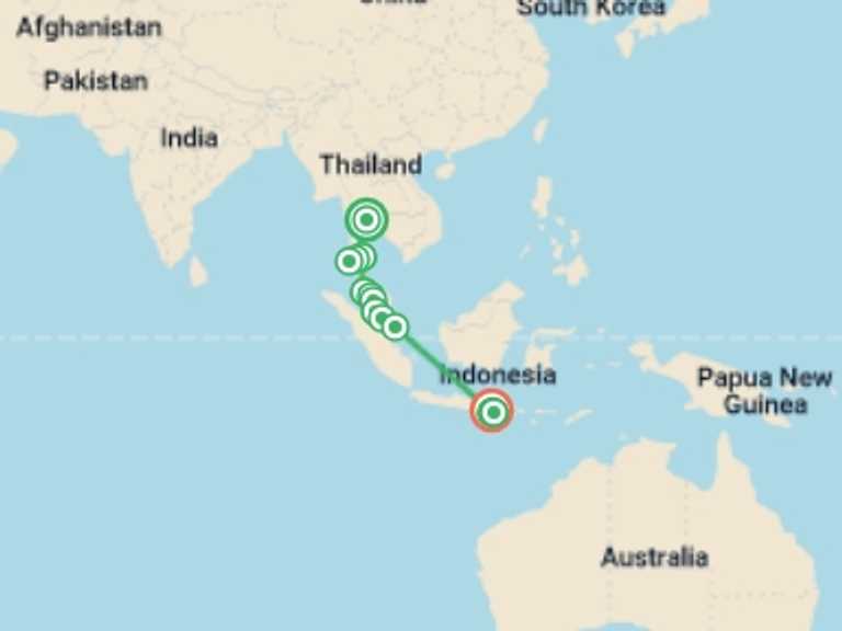 Map itinerary of Asia Tour in April 2027 with 16 destination visits for the trip: Bangkok to Bali: Southeast Asia Unfiltered