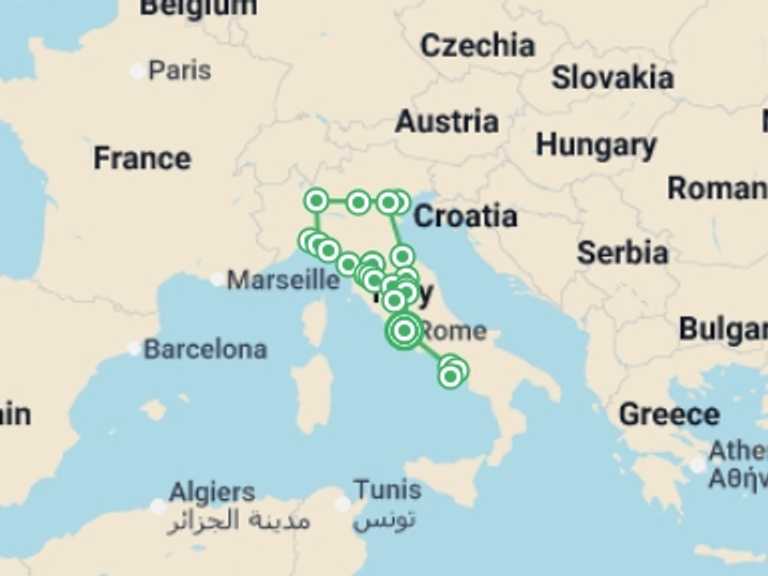 Map itinerary of Milan Tour in January 2026 with 9 destination visits for the trip: Golden Italy and Beautiful Campania