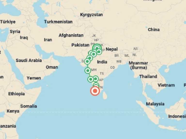 Map itinerary of India Tour in July 2026 with 13 destination visits for the trip: Delhi to Kochi: Hampi Ruins & The Taj Mahal