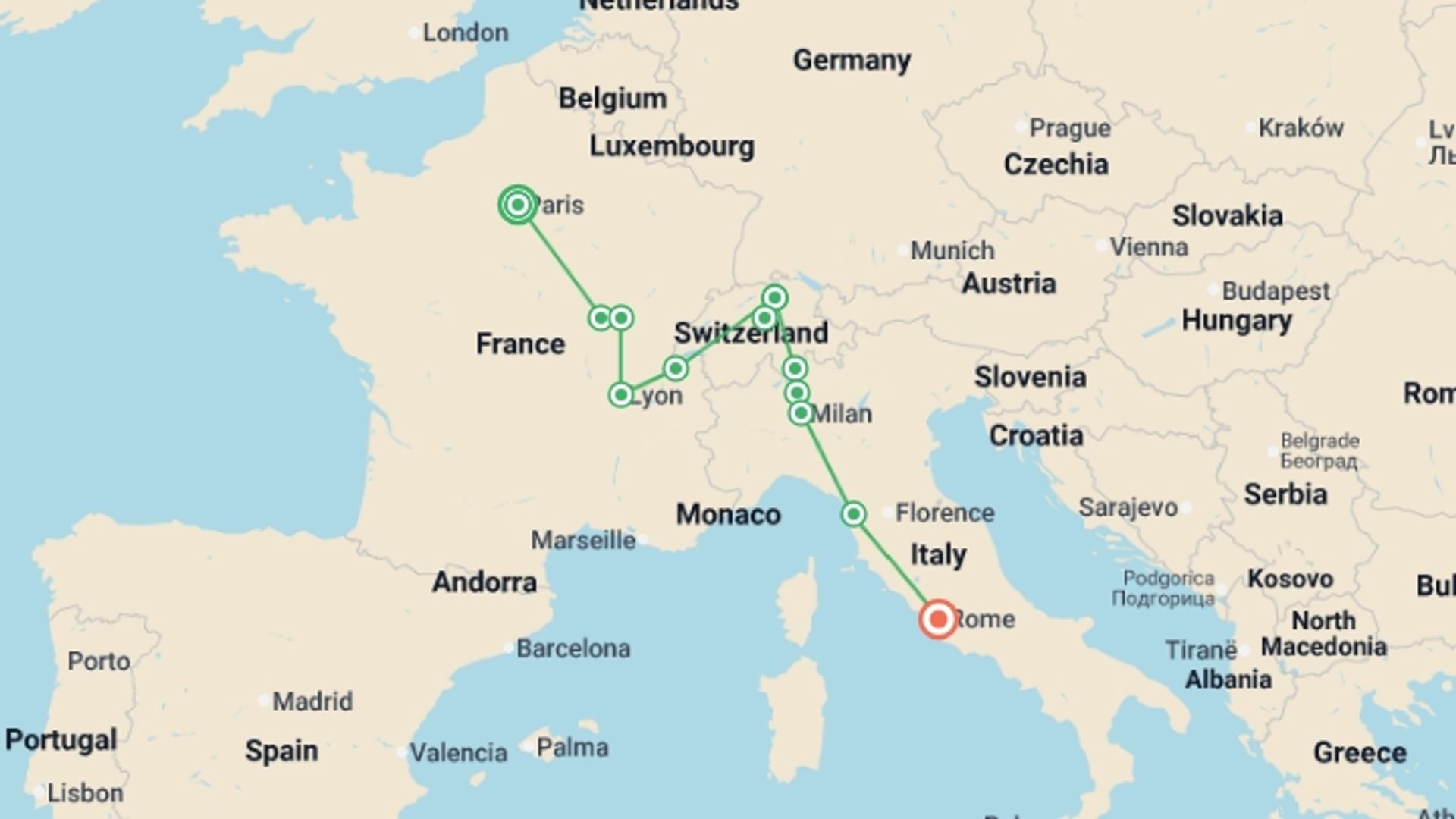 A map showing the tour itinerary for the trip: Joyful Treasures, starting in Paris, France and ending in Rome, Italy going through 3 other destinations.