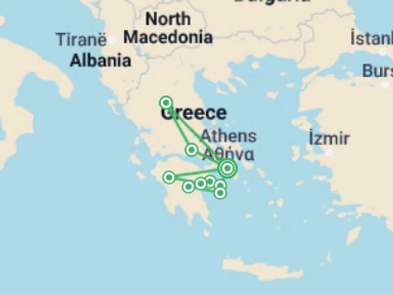 Map of Athens Sightseeing Tour with 4 destination visits for the trip: Absolutely Greek