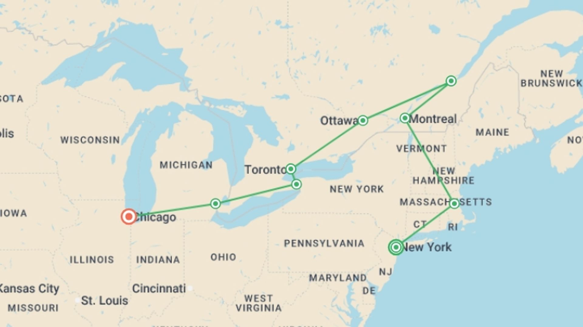 A map showing the tour itinerary for the trip: Essential East Coast, Niagara and Chicago, starting in New York, USA and ending in Chicago, USA going through 7 other destinations.