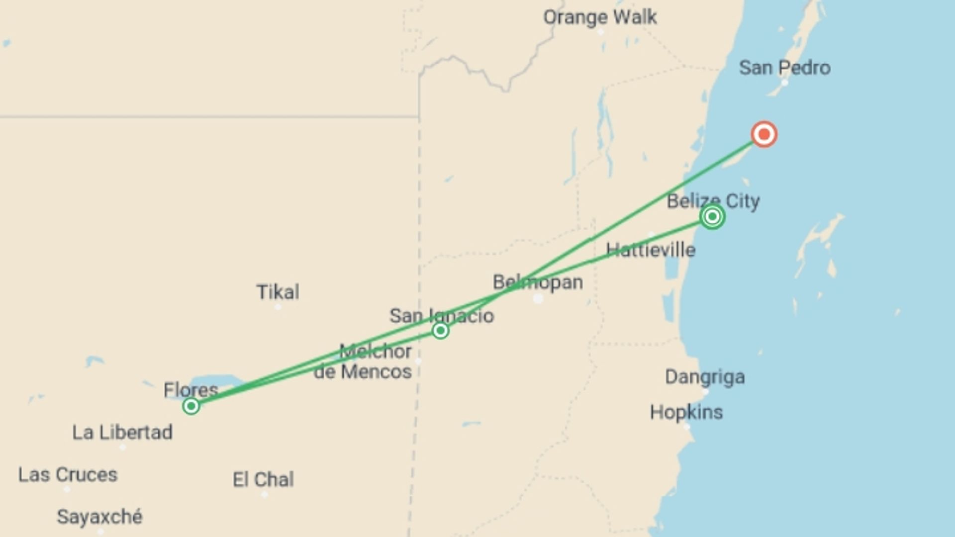 A map showing the tour itinerary for the trip: Classic Belize & Tikal, starting in Belize City, Belize and ending in Caye Caulker, Belize going through 2 other destinations.