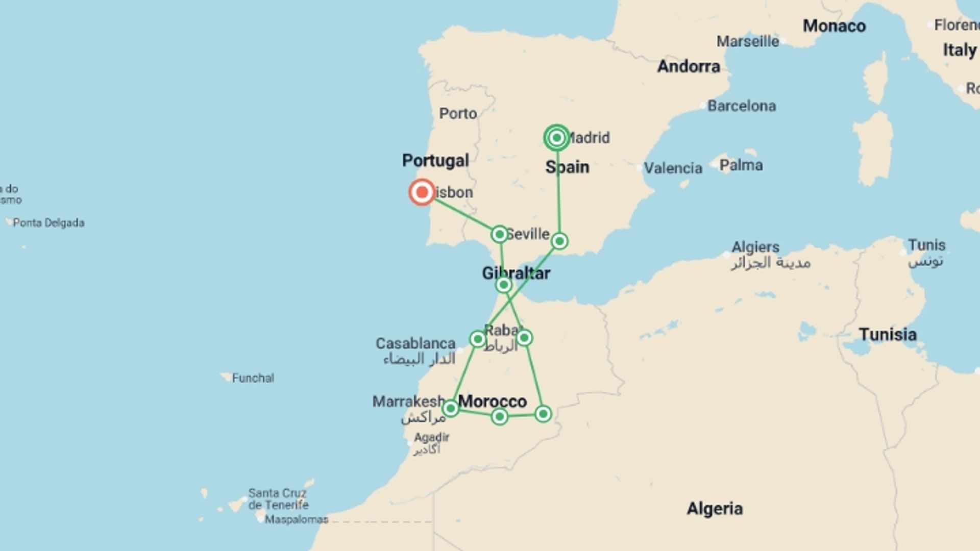 A map showing the tour itinerary for the trip: Madrid, Andalusia, Morocco and Lisbon, starting in Madrid, Spain and ending in Lisbon, Portugal going through 8 other destinations.