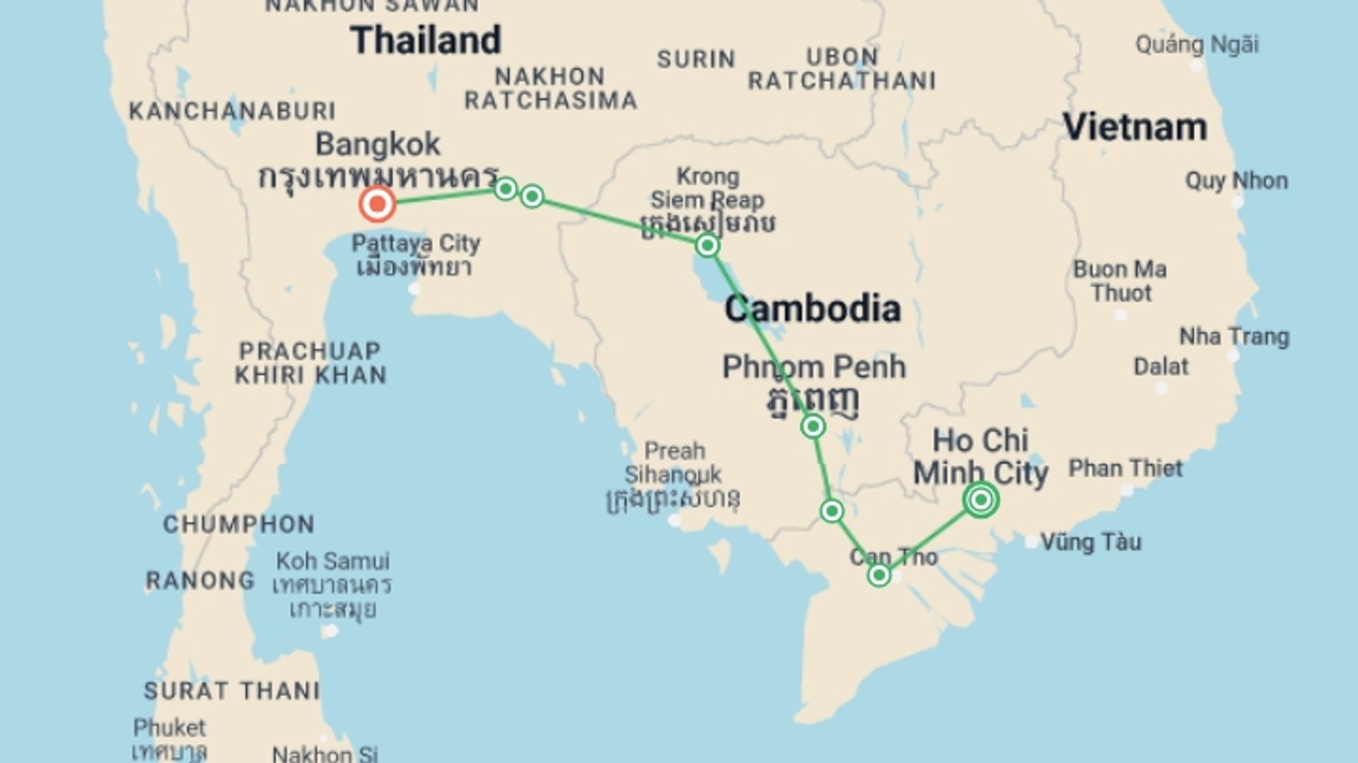 A map showing the tour itinerary for the trip: Cycle Vietnam, Cambodia & Thailand, starting in Ho Chi Minh City, Vietnam and ending in Bangkok, Thailand going through 6 other destinations.