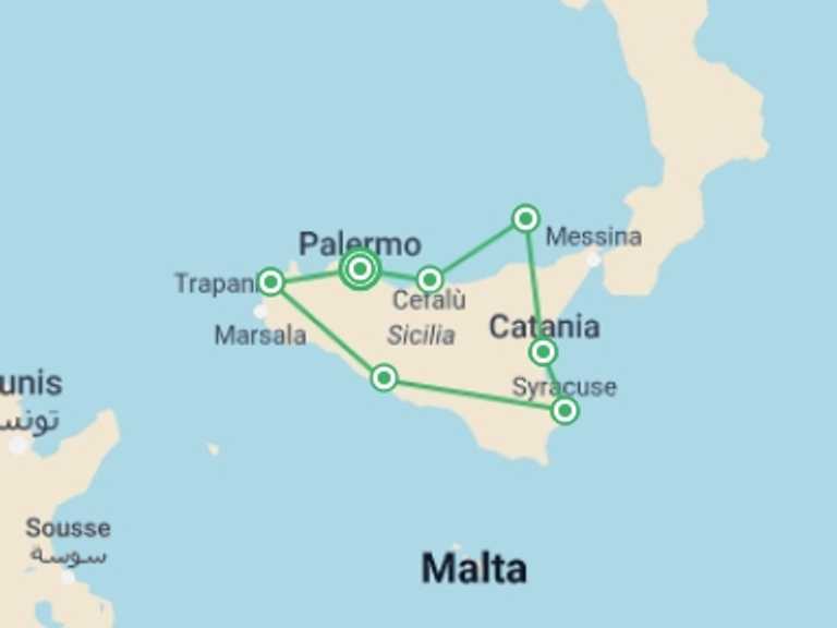 Map itinerary of Syracuse Tour in July 2026 with 7 destination visits for the trip: Highlights of Sicily