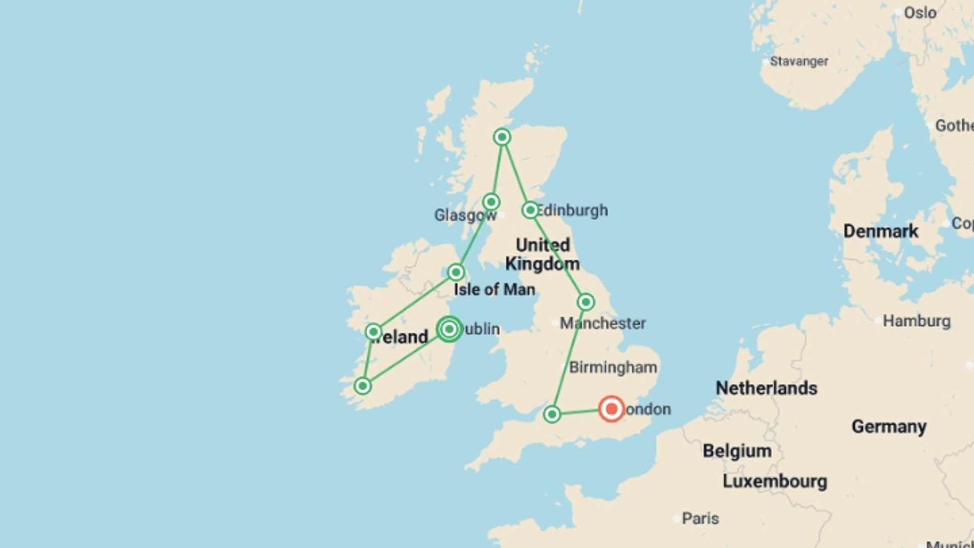 A map showing the tour itinerary for the trip: Majestic Britain and Ireland, starting in Dublin, Ireland and ending in London, England going through 8 other destinations.