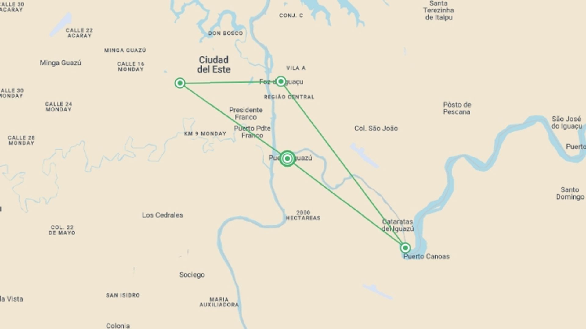 A map showing the tour itinerary for the trip: Iguazu Falls Tour - Private Services , starting in Puerto Iguazu, Argentina and ending in Puerto Iguazu, Argentina going through 5 other destinations.