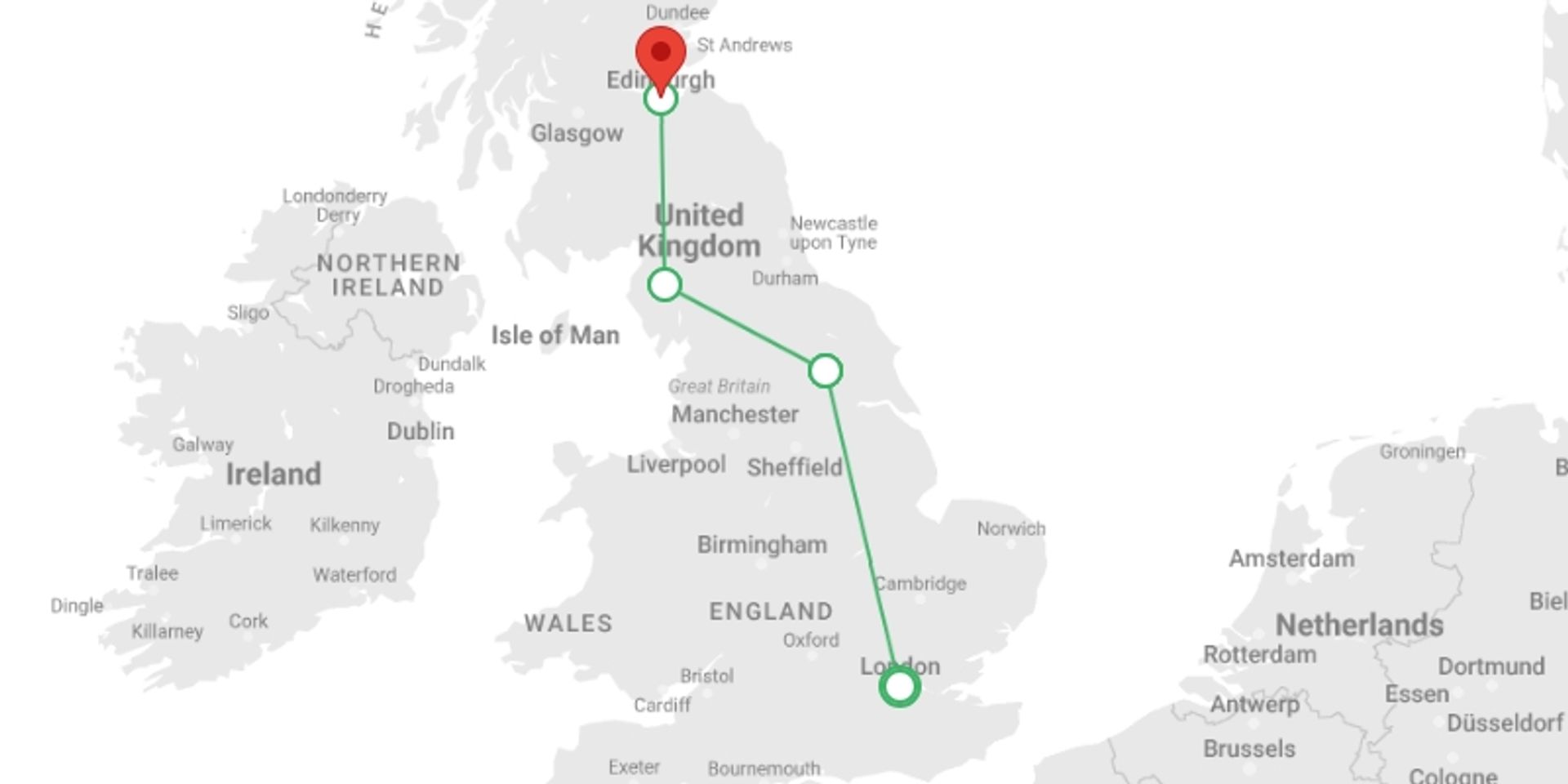 A map showing the tour itinerary for the trip: London to Edinburgh Adventure, starting in London, England and ending in Edinburgh, Scotland going through 4 other destinations.