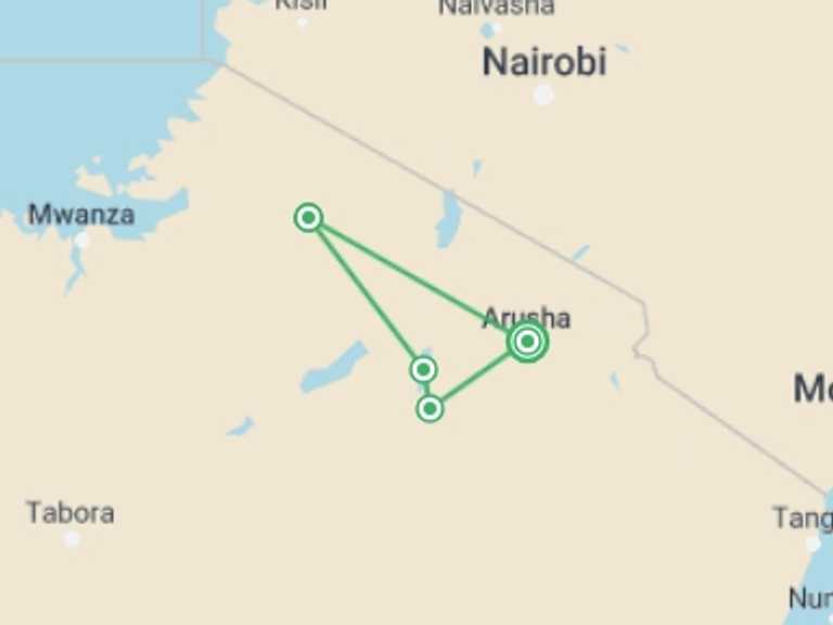 Map itinerary of Ngorongoro Crater Tour in Spring with 8 destination visits for the trip: 6 Days Affordable Safari
