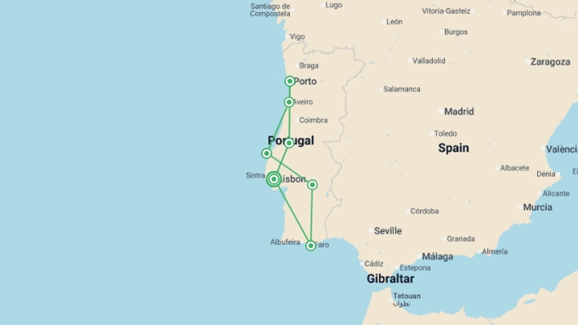 A map showing the tour itinerary for the trip: Portugal Highlights, starting in Lisbon, Portugal and ending in Lisbon, Portugal going through 3 other destinations.