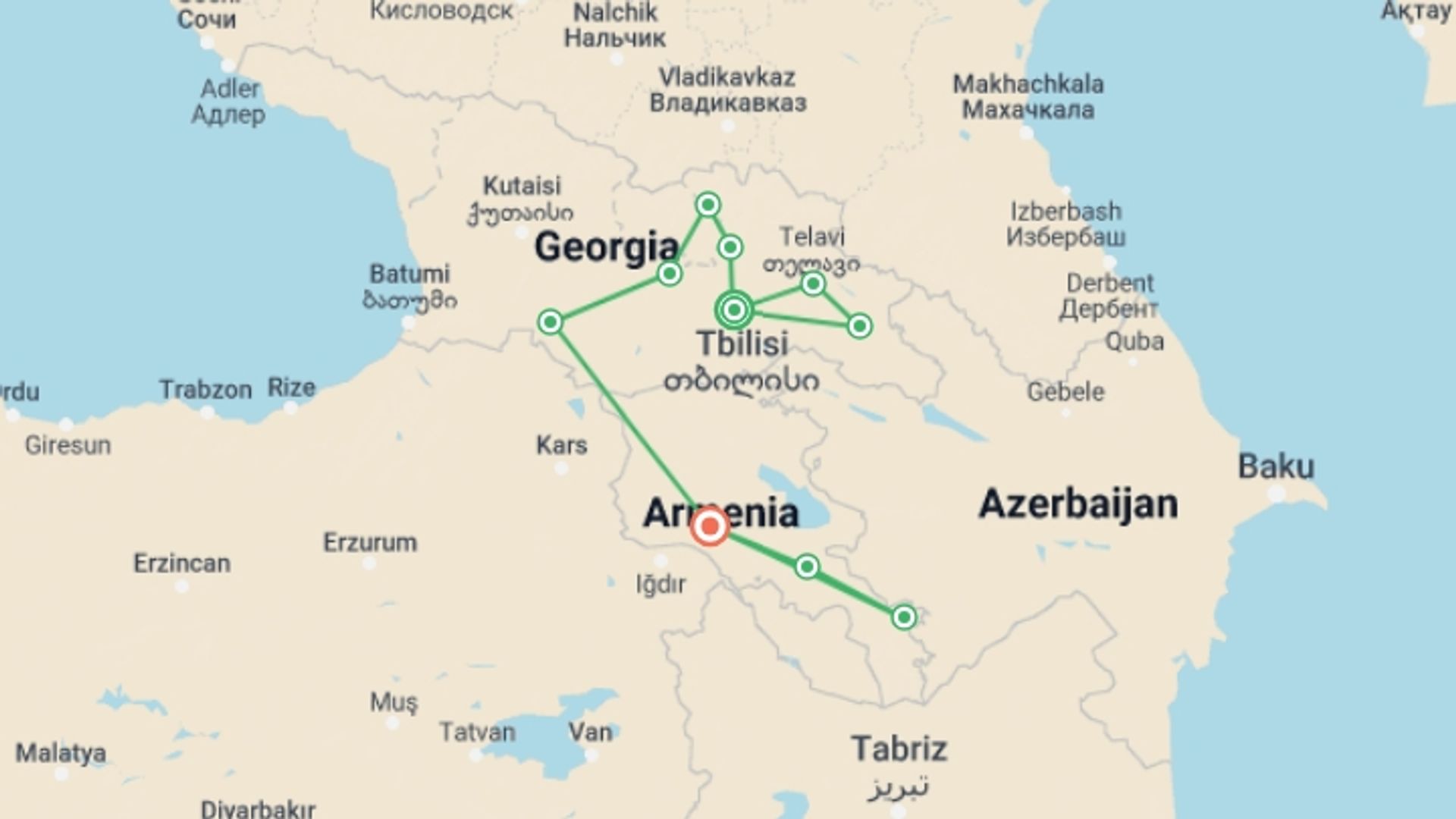 A map showing the tour itinerary for the trip: Highlights of the Caucasus, starting in Tbilisi, Georgia and ending in Yerevan, Armenia going through 5 other destinations.