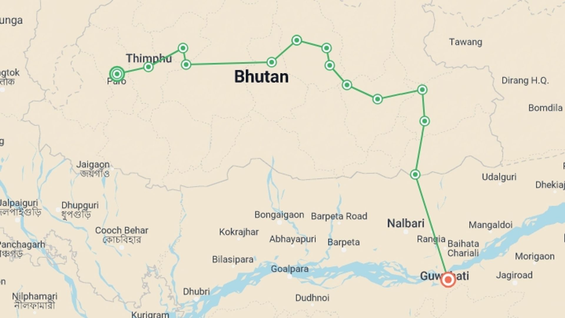 A map showing the tour itinerary for the trip: Mystical Bhutan, starting in Paro, Bhutan and ending in Guwahati, India going through 13 other destinations.