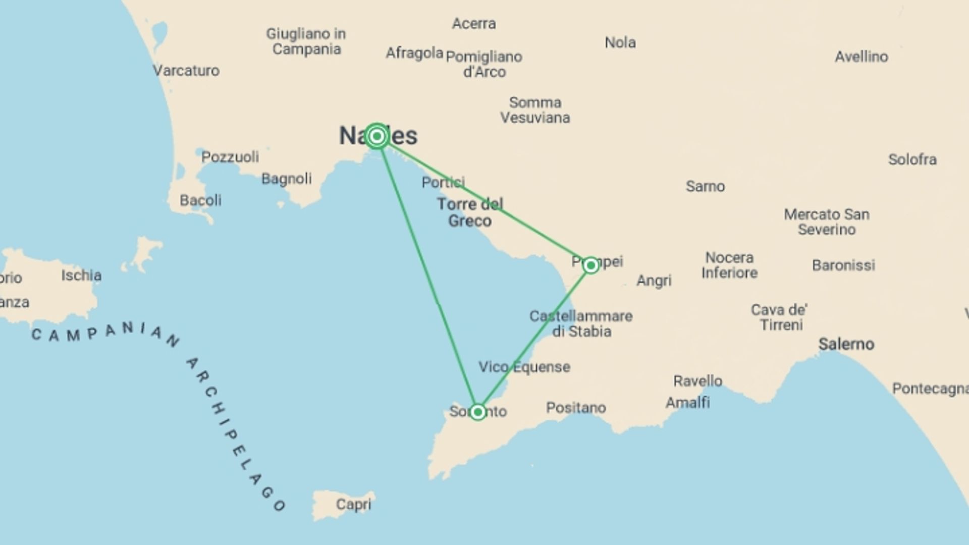 A map showing the tour itinerary for the trip: Naples, Pompeii & Amalfi - 4 days, starting in Naples, Italy and ending in Naples, Italy going through 2 other destinations.