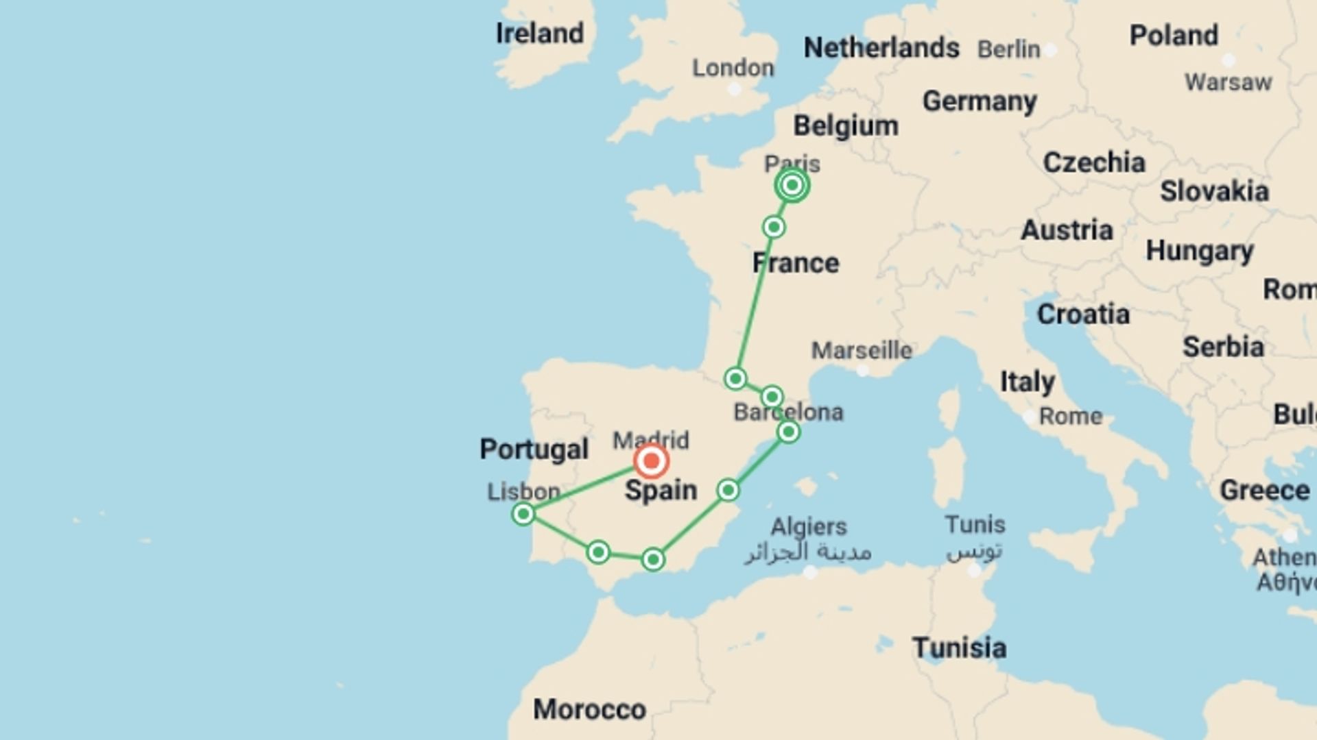 A map showing the tour itinerary for the trip: Paris Lourdes and Best of Spain and Portugal, starting in Paris, France and ending in Madrid, Spain going through 8 other destinations.